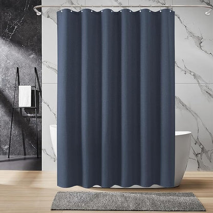 Inhousolu Fabric Shower Curtain Waffle Weave, Navy Blue 230 GSM Heavy Duty, Weighted Hem, 14 Metal Hooks, Water Repellent, Machine Washable, Hotel Spa Luxury Bath Curtain Set, 72 x 96 Inch