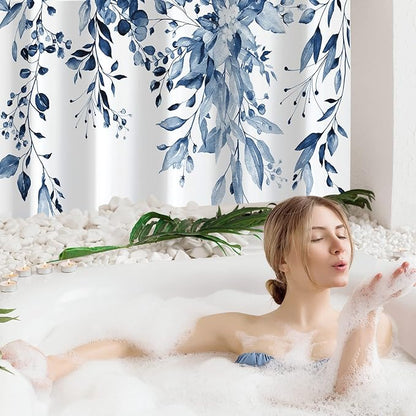 Gibelle Small Stall Shower Curtain 36 x 72, Narrow Navy Blue Floral Shower Curtain for Bathroom, Watercolor Plant Eucalyptus Leaves Fabric Shower Curtain Set