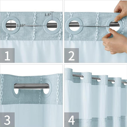 Boho Farmhouse No Hook Shower Curtain Set with Snap-in Fabric Liner,Heavy-Duty Linen Textured Rustic Striped Design,Water-Repellent with Tassels and Sheer Window,Fog Blue,71x74