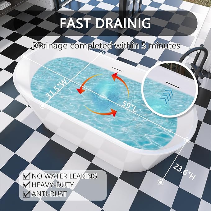 59" Free Standing Tub, Pure Acrylic Freestanding Bathtub, Stylish Stand Alone Contemporary Deep Soaking Bath Tub, cUPC Certified SY1550 (Glossy White)