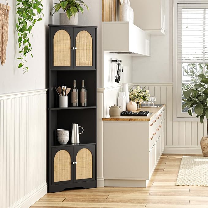 67''H Tall Corner Cabinet with Handmade Rattan Door, Rattan Storage Cabinet with Adjustable Shelves, Corner Bookshelf Space Saver for Barthroom, Kitchen, Living Room, Black
