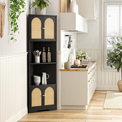 67''H Tall Corner Cabinet with Handmade Rattan Door, Rattan Storage Cabinet with Adjustable Shelves, Corner Bookshelf Space Saver for Barthroom, Kitchen, Living Room, Black