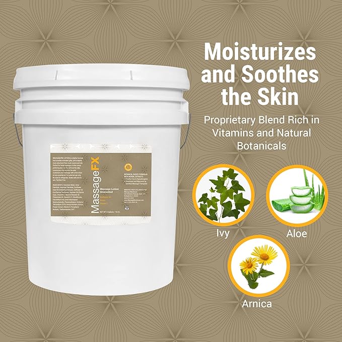 Massage FX Unscented Massage Lotion, 5 Gallon Bucket - Fragrance Free Bulk Bucket for Professional Massage Therapy - Can Refill Pump Bottles - Massage Sore Feet, Back, Face, Arms, Shoulders, and Legs