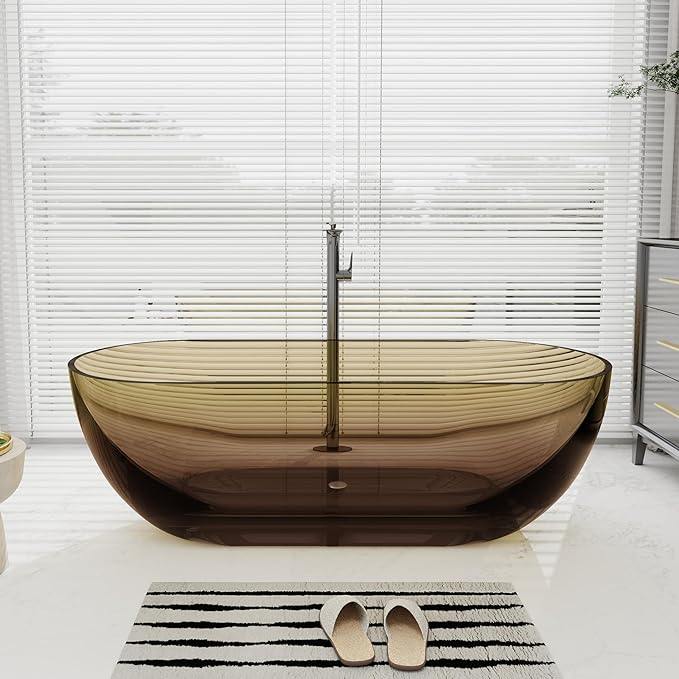 SJ STAR&JANE 69" Solid Surface Freestanding Bathtub Stone Resin Oval Soaking Tub Stand Alone Tub with Pop-up Drain Transparent Sepia