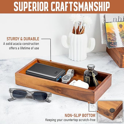 Demigo Acacia Wood Valet Tray & Catchall - 12.2x6 Inch Organizer for Nightstand, Entryway, Dresser - Holds Keys, Wallet, Phone, Jewelry (Brown)