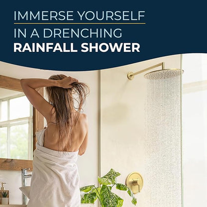 HammerHead Showers® Solid Metal 12 Inch Rainfall Shower Head, Large Rain Shower Head, 2.5 GPM High Flow Shower Head Optimized for Pressure, Wall-Mounted or Ceiling Rain Shower Head, Brushed Gold