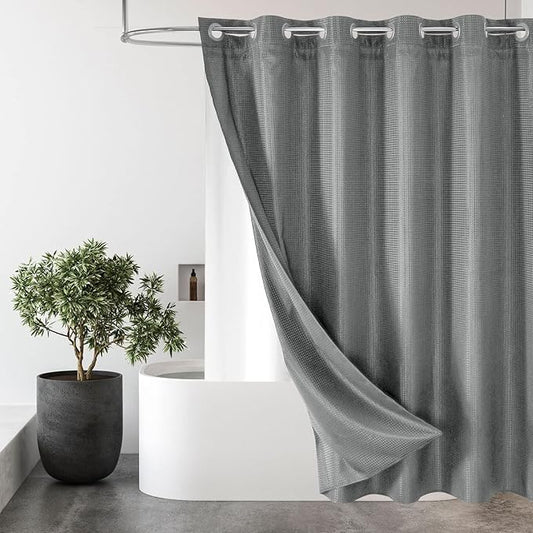 MitoVilla No Hooks Needed Extra Long Shower Curtain Liner Set, 86 inch XL Black Waffle Heavyweight Fabric Cloth Shower Curtains Set with Snap-in Liner for Modern Luxury Hotel & Spa Bathroom Decor