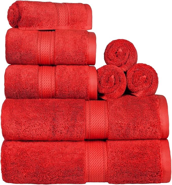 BLUENILEMILLS Madison Egyptian Cotton Towels, Towel Set for Bathroom, Shower, Hotel, Plush, 800 GSM, Highly Absorbent and Ultra-Soft Towels, Bath Essentials, 8 Piece Assorted Towel Set, Red