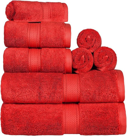 BLUENILEMILLS Madison Egyptian Cotton Towels, Towel Set for Bathroom, Shower, Hotel, Plush, 800 GSM, Highly Absorbent and Ultra-Soft Towels, Bath Essentials, 8 Piece Assorted Towel Set, Red