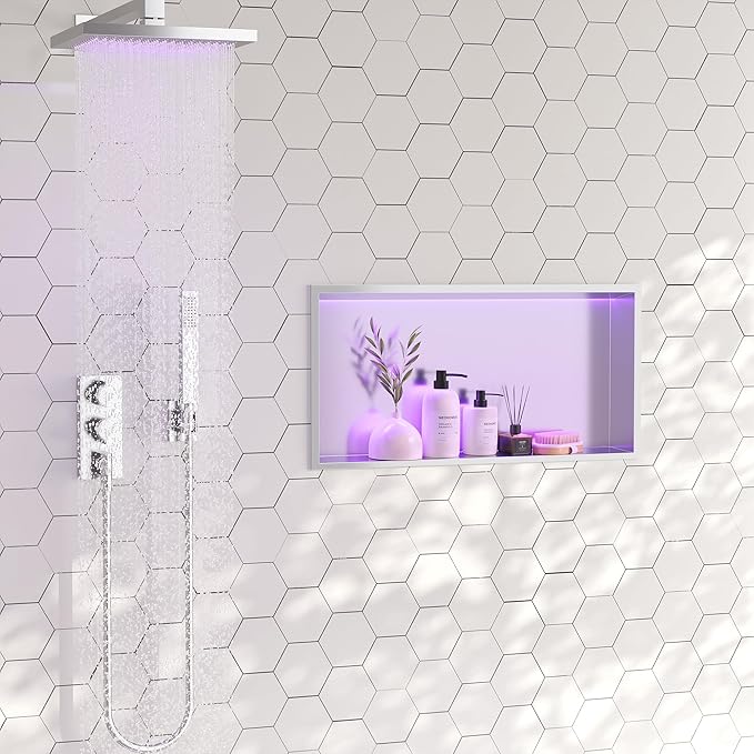 RGB LED Light Shower Niche, Brushed 24X12 in Stainless Steel Wall Cabinet with Remote Control, Waterproof No Tile Needed Wall Niche for Bathroom Storage Built-in Installation