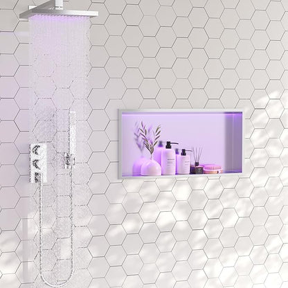 RGB LED Light Shower Niche, Brushed 24X12 in Stainless Steel Wall Cabinet with Remote Control, Waterproof No Tile Needed Wall Niche for Bathroom Storage Built-in Installation