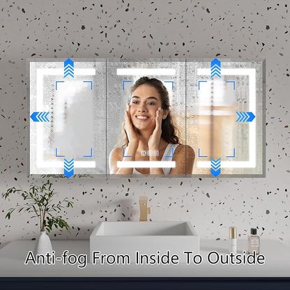 GroGro LED Lighted Bathroom Medicine Cabinet with Mirror, 48" W x 24" H Beveled Edge Medicine Cabinet with Lights,Surface or Recessed Mounting,Defog,Dimming,3-Color Temperature Adjustment