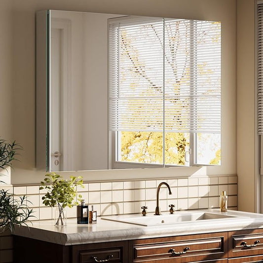 Bathroom Medicine Cabinet with Mirror, 36 Inch x 26 Inch Bathroom Mirror Cabinet with Double Door & Adjustable Shelves, Surface Mount or Recess Installation