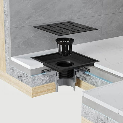 Neodrain Square Shower Drain,6 inch Black Stainless Steel 304 Grate and PVC Drain Body, Grate with Kit Includes Hair Trap/Strainer,Lifting Hook and PVC Drain Base