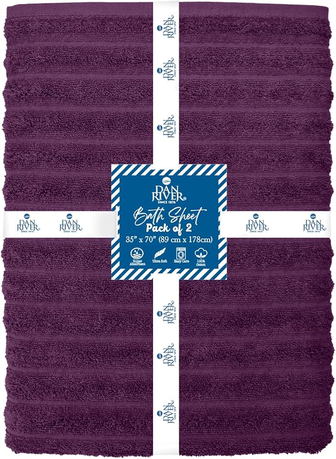 DAN RIVER Pack of 2 Bath Sheet 35x70 Inches, Oversized Ribbed Quick Dry Towel, Soft Luxury Towels for Bathroom - Purple Passion