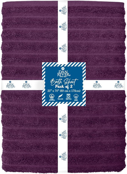 DAN RIVER Pack of 2 Bath Sheet 35x70 Inches, Oversized Ribbed Quick Dry Towel, Soft Luxury Towels for Bathroom - Purple Passion