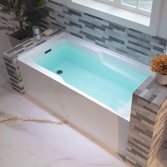 WOODBRIDGE 60" Acrylic Rectangular Alcove Soaking Bathtub in White with Left Drain, Matte Black pop-UP Drain Included BA6030L