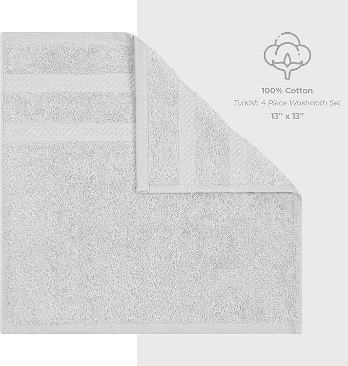 American Soft Linen Luxury Washcloths for Bathroom, 600 GSM 100% Cotton 4 Piece Turkish Wash Cloth Set, 13x13 in Soft Rags for Body and Face, Silver Gray Washcloths