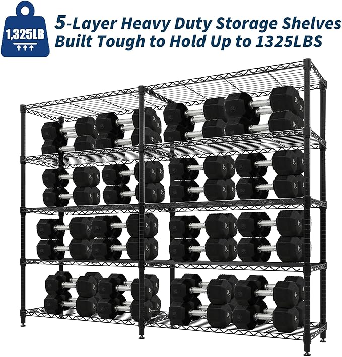 5-Tier Metal Storage Shelves, Adjustable Wire Shelving Unit for Garage, Pantry, Basement & Kitchen, Heavy-Duty Shelf Organizer with Double-Row Design, 70.8" w x 15.8" d x 70.5" h, 265 Lbs Per Tier