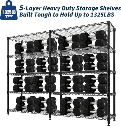 5-Tier Metal Storage Shelves, Adjustable Wire Shelving Unit for Garage, Pantry, Basement & Kitchen, Heavy-Duty Shelf Organizer with Double-Row Design, 70.8" w x 15.8" d x 70.5" h, 265 Lbs Per Tier