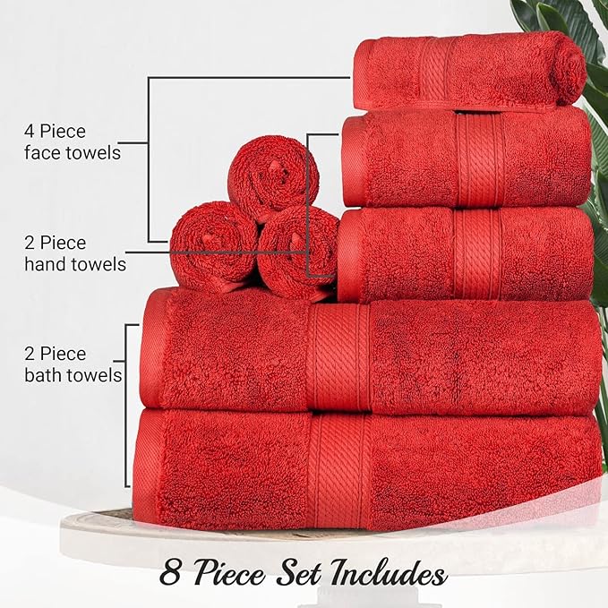 BLUENILEMILLS Madison Egyptian Cotton Towels, Towel Set for Bathroom, Shower, Hotel, Plush, 800 GSM, Highly Absorbent and Ultra-Soft Towels, Bath Essentials, 8 Piece Assorted Towel Set, Red