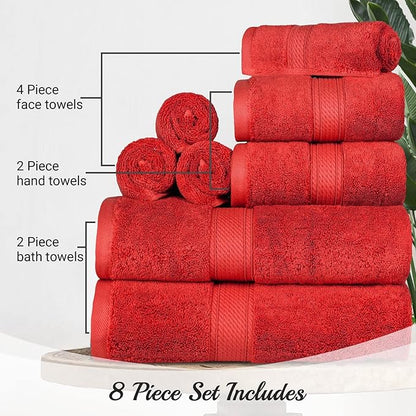 BLUENILEMILLS Madison Egyptian Cotton Towels, Towel Set for Bathroom, Shower, Hotel, Plush, 800 GSM, Highly Absorbent and Ultra-Soft Towels, Bath Essentials, 8 Piece Assorted Towel Set, Red