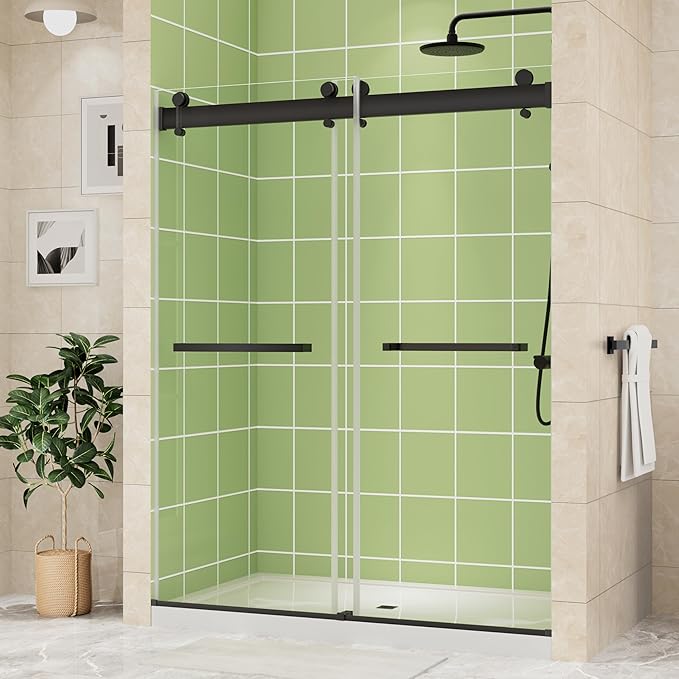 DELAVIN 50-54" W x 72" H Double Sliding Shower Door, Frameless Shower Door, 1/4"(6mm) SGCC Tempered Glass, Noiseless Shatterproof Shower Doors with Square Rail, Stainless Steel, Aluminum, Black