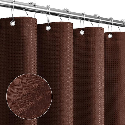 Gibelle Long Shower Curtain 72 x 78, Tall Waffle Weave Textured Fabric Shower Curtain for Bathroom, Water Repellent, Machine Washable, Brown