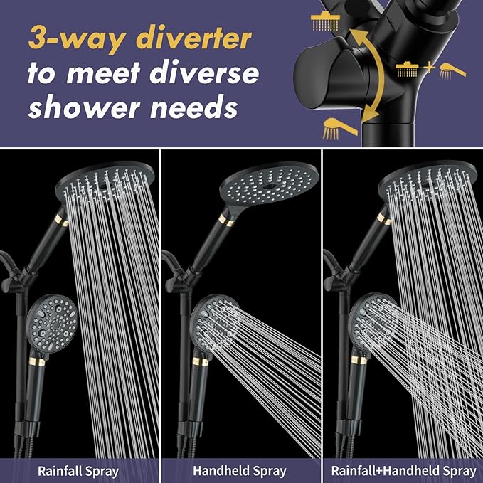 HOWUWEY Filtered Dual Shower Head with Handheld Spray Combo for Hard Water, 7.5-inch Modern High Pressure Shower Head with 9-mode Handheld and Filter, 79-inch Hose (Filtered, Matte Black)