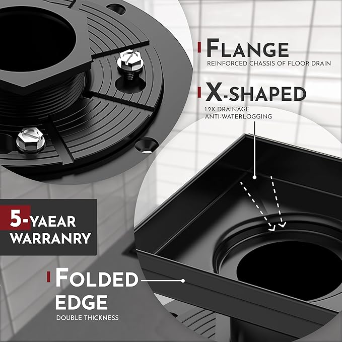 WEBANG 6 Inch Square Shower Drain Black Floor Drain with Flange Reversible 2-in-1 Cover Tile Insert Grate Removable SUS304 Stainless Steel CUPC Certified Matte Black