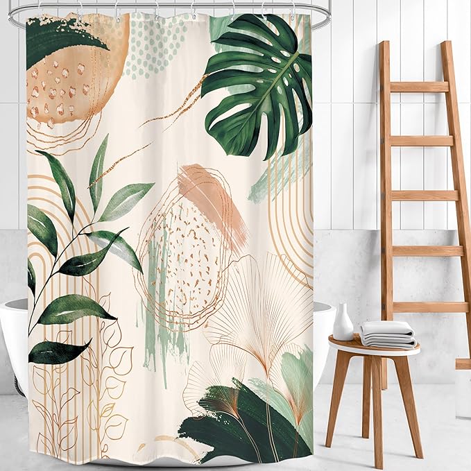 Boho Shower Curtain 48Wx72H Small Stall Narrow Abstract Mid Century Tropical Green Leaves Plant Palm Modern Geometric Arch Bathroom Decor Botanical Bath Curtain Fabric Polyester 8 Pack Hooks