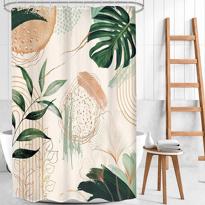 Boho Shower Curtain 48Wx72H Small Stall Narrow Abstract Mid Century Tropical Green Leaves Plant Palm Modern Geometric Arch Bathroom Decor Botanical Bath Curtain Fabric Polyester 8 Pack Hooks