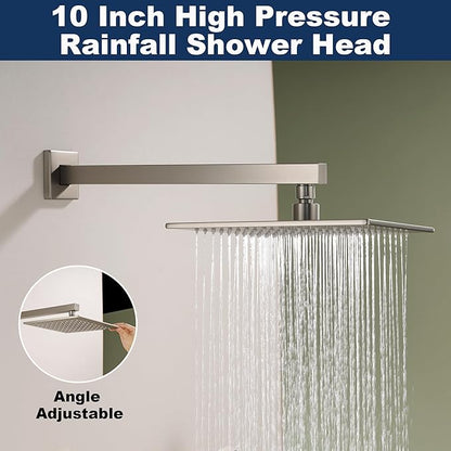 Shower System with Tub Spout, All Metal Bathtub Shower Faucet Set with High Pressure 10 Inch Rain Shower Head and Handheld Shower Head Set, Brushed Nickel (Valve Include)