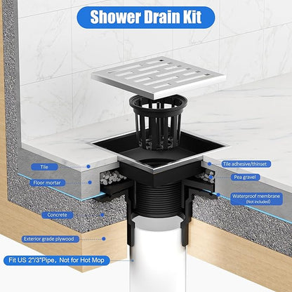 Neodrain Square Shower Drain, 4 inch Stainless Steel 304 Grate and PVC Drain Body, Brick Pattern Grate with Brushed Nickel Finish, Kit Includes Hair Trap/Strainer,Lifting Hook and PVC Drain Base