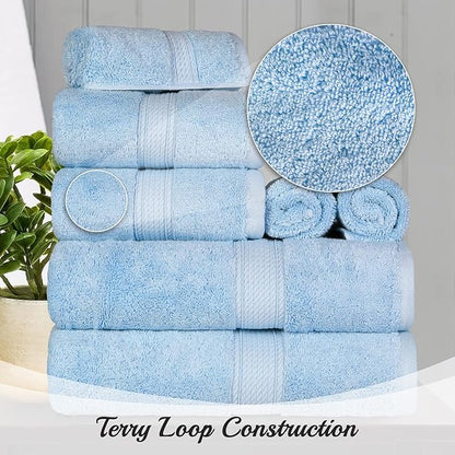Superior Egyptian Cotton Pile 8 Piece Towel Set, Includes 2 Bath, 2 Hand, 4 Face Towels/Washcloths, Ultra Soft Luxury Towels, Thick Plush Essentials, Guest Bath, Spa, Hotel Bathroom, Light Blue