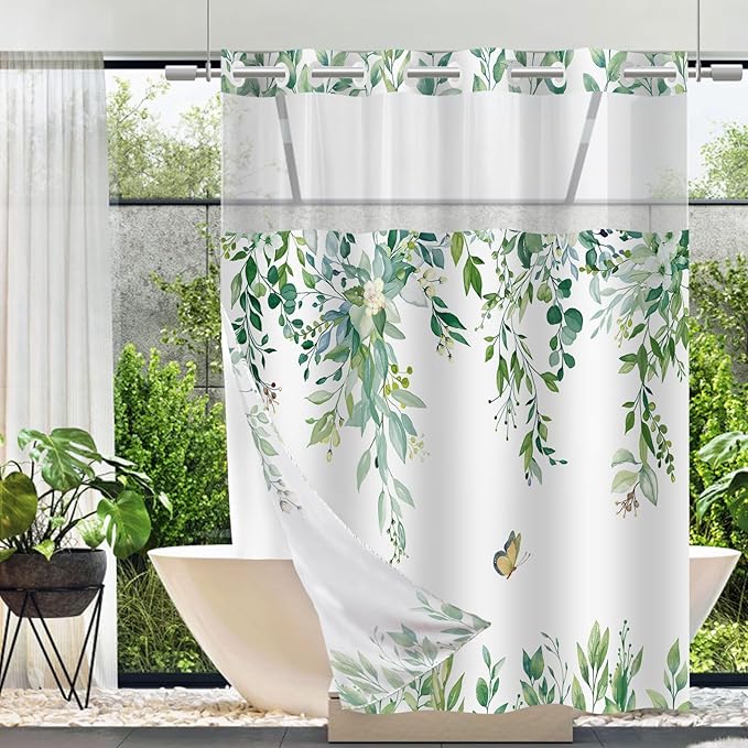 No Hook Shower Curtain and Liner Set, Light Green Eucalyptus Floral Shower Curtains for Bathroom, Bath Curtain Sets with Snap in Liner, Waterproof with See Through Top Window, 71x84 Inches