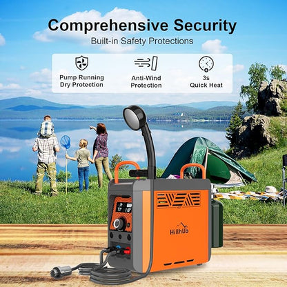 Hillhub Camping Portable Instant Hot Water Heater On Ground, Propane Water Heater with Water Pump & Showerhead, Outdoor Use Only with Overheating Protection, Built-in Battery for Showering & Cleaning