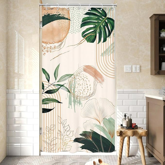 Small Stall Boho Shower Curtain 36Wx72H RV Tropical Green Leaf Modern Bohemian Green Abstract Narrow Half Bathroom Decor Palm Mid Century Minimalist Bath Curtain Fabric Polyester 7 Pack Hooks