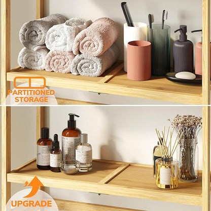 AMBIRD Over The Toilet Storage, 3-Tier Bathroom Organizer Over Toilet with Sturdy Bamboo Solid Shelves, Non-Slip Pads and 3 Hooks, Multifunctional Behind Toilet Shelf Rack, Space Saver (Original)