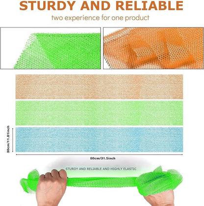 UJFQBH 3 Pieces African Bath Sponge African Net Long Net Bath Sponge Exfoliating Shower Body Scrubber Back Scrubber Skin Smoother,Great for Daily Use (Orange、Blue、Green)