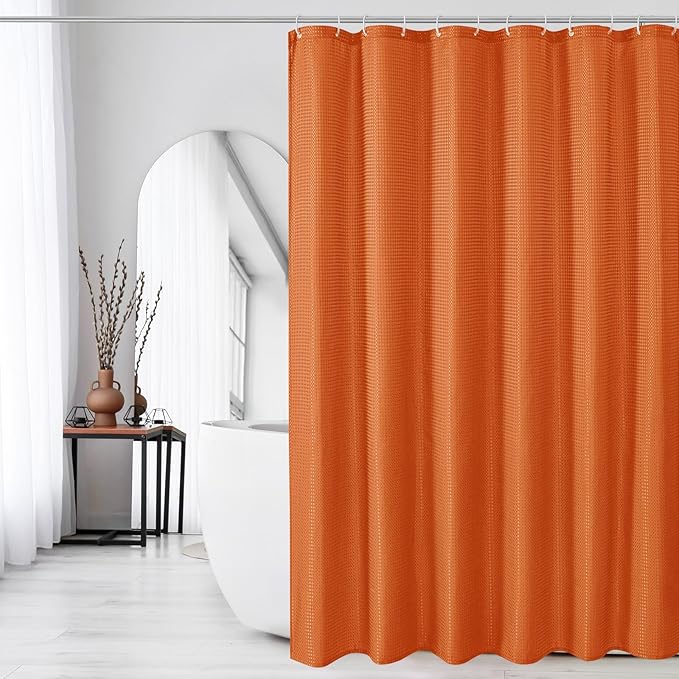 Gibelle Long Shower Curtain 72 x 78, Tall Waffle Weave Textured Fabric Shower Curtain for Bathroom, Water Repellent, Machine Washable, Burnt Orange