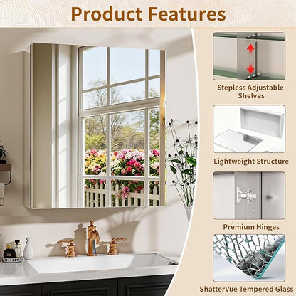 BEAUTYPEAK 20 x 24 Inch Medicine Cabinet with Mirror, Wall Mounted Bathroom Mirror Cabinet, Medicine Cabinet Mirror with Storage & Adjustable Shelves