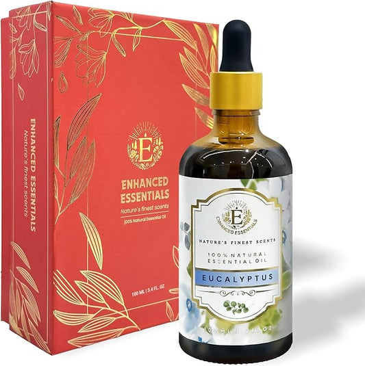 Luxurious Eucalyptus Essential Oil by Enhanced Essentials|with Glass Dropper|Slow Distilled Essential Oils for Diffusers,Skin Care,Aromatherapy,Bath,Gifting,Soap and Candle Making| 3.38 fl oz/100 ml