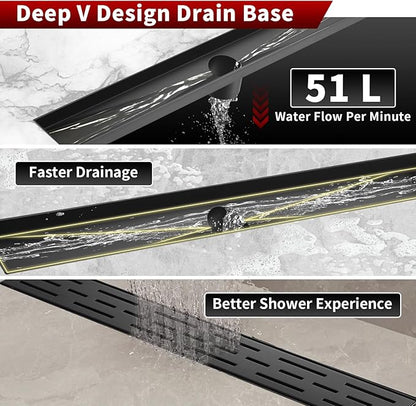 Sharp-tec Linear Shower Drain, 36 inch Shower Drain with Removable Pattern Cover, Matte Black 304 Stainless Steel Rectangle Floor Drain, Adjustable Feet and Hair Strainer Included (Model 101)