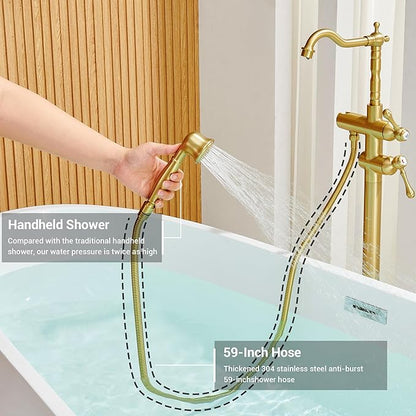 Freestanding Tub Faucet Sets, JetsBath Floor Mount BathTub Filler with 360° Swivel Spout & Handheld Sprayer, Brushed Gold Floor Mount Bathtub Faucet Single Handle with Supply Hose