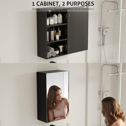 eclife 24" Bathroom Medicine Cabinet W/Mirror, Single Door Bathroom Black Wall Mount Mirror Cabinet, Hanging Triple Shelf Storage Cabinet Opens Left and Right