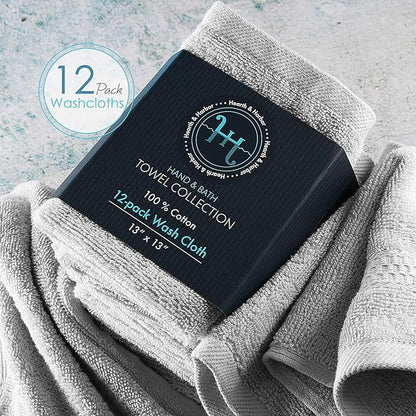 Hearth & Harbor Washcloths 12 Pack - 100% Cotton Washcloth for Body and face, High Absorbent and Soft 13"x13" Body Wash Cloth, Quick Dry - Silver Grey Washcloths