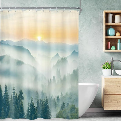 Riyidecor Small Stall Mountain Shower Curtain 54Wx78H Inch Rv Narrow Extra Long Green Sunset Sunrise Scenery Landscape Woodland Bathroom Decor Fabric Polyester Waterproof 12 Pack Hooks