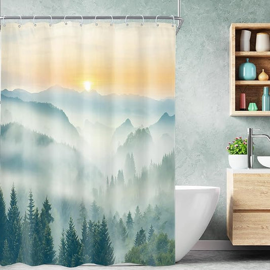 Riyidecor Small Stall Mountain Shower Curtain 54Wx78H Inch Rv Narrow Extra Long Green Sunset Sunrise Scenery Landscape Woodland Bathroom Decor Fabric Polyester Waterproof 12 Pack Hooks