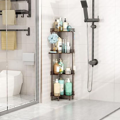 HapiRm Corner Shower Caddy Organizer - 4 Tier Shower Shelf Corner with Soap Holder, Rustproof Bathroom Standing Organizer with 4 Hooks, Bronze